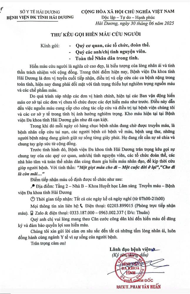 THƯ KÊU GỌI HIẾN MÁU CỨU NGƯỜI