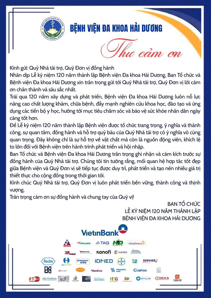 Trân trọng cảm ơn các Nhà tài trợ, Đơn vị đồng hành cùng Lễ kỷ niệm 120 năm thành lập Bệnh viện Đa khoa Hải Dương
